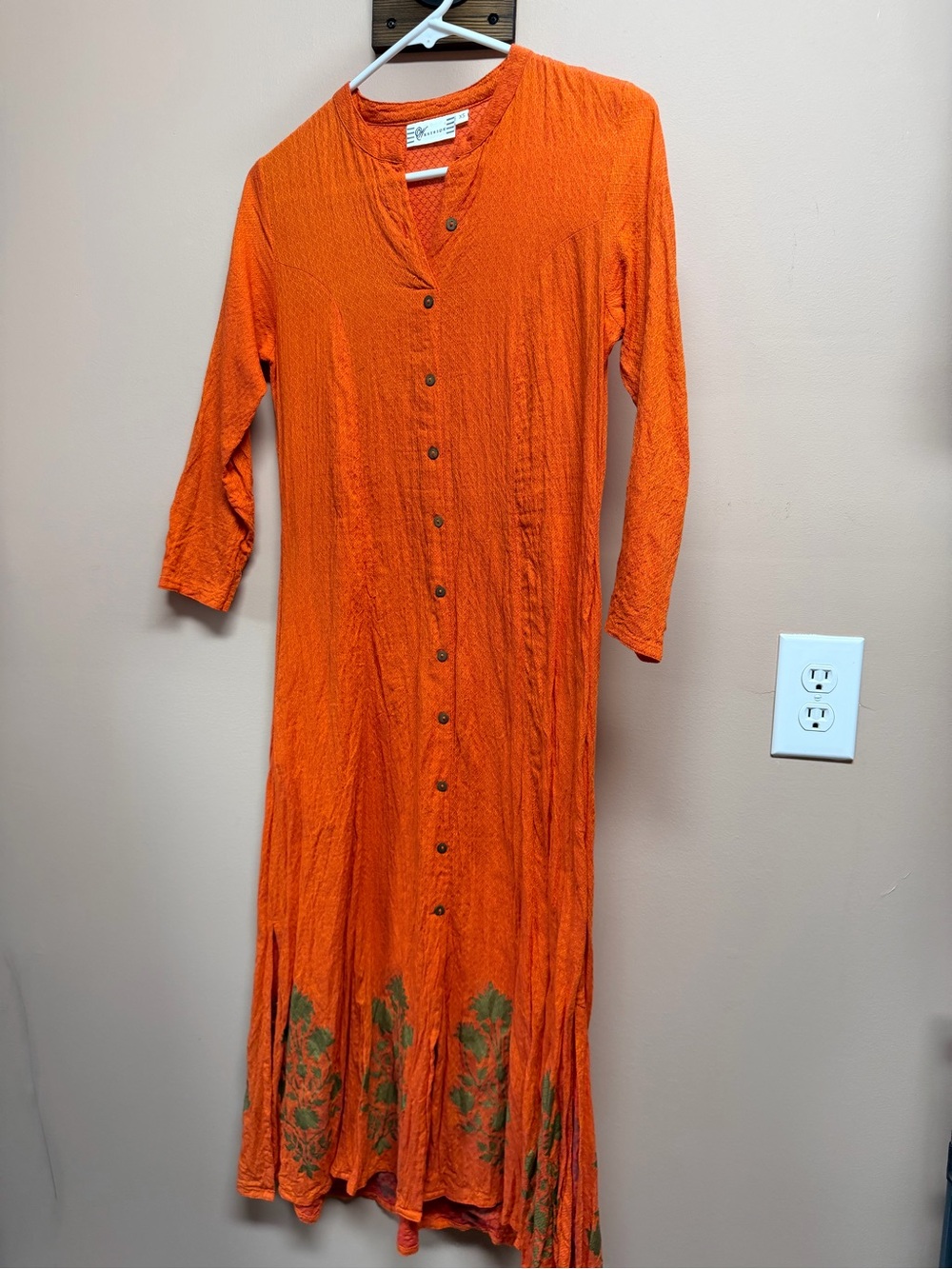 Classic Orange Button-Front Maxi Dress with Floral Hem